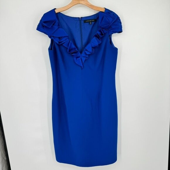 Carmen Marc Valvo Womens cap sleeve Blue Ruffle V Neck Sheath Dress Size 18 - Picture 2 of 9